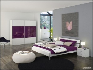 grey bedroom with glass sanctuary and purple and white decor Bedrooms